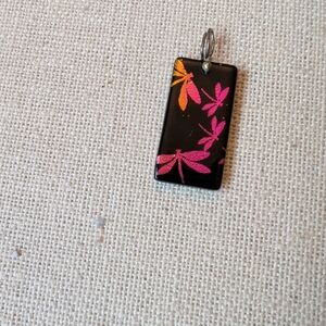 Black Rectangle Pendant with Pink & Orange Dragonflies #25